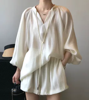 European sunscreen Tencel suit for women summer high-end light mature style lantern sleeve shirt wide-leg shorts casual two-piec