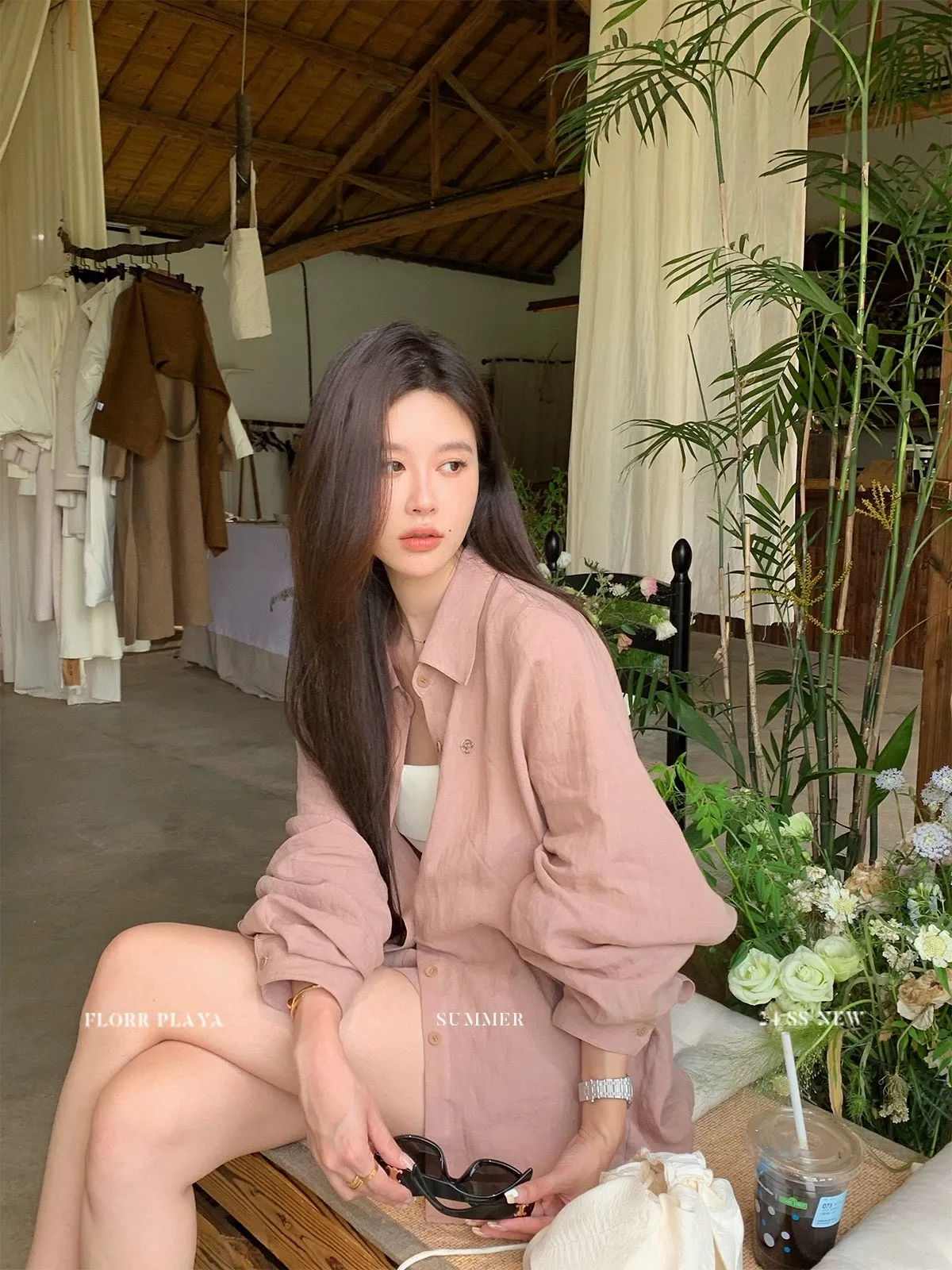 Huahuayuan natural texture white sunscreen linen long-sleeved shirt suit women's summer thin loose high-waisted shorts