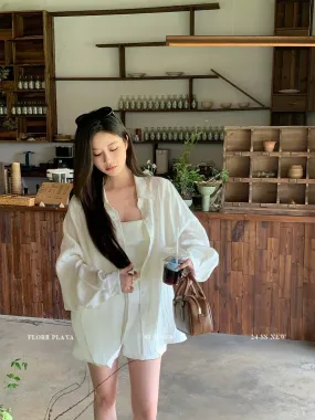 Huahuayuan natural texture white sunscreen linen long-sleeved shirt suit women's summer thin loose high-waisted shorts