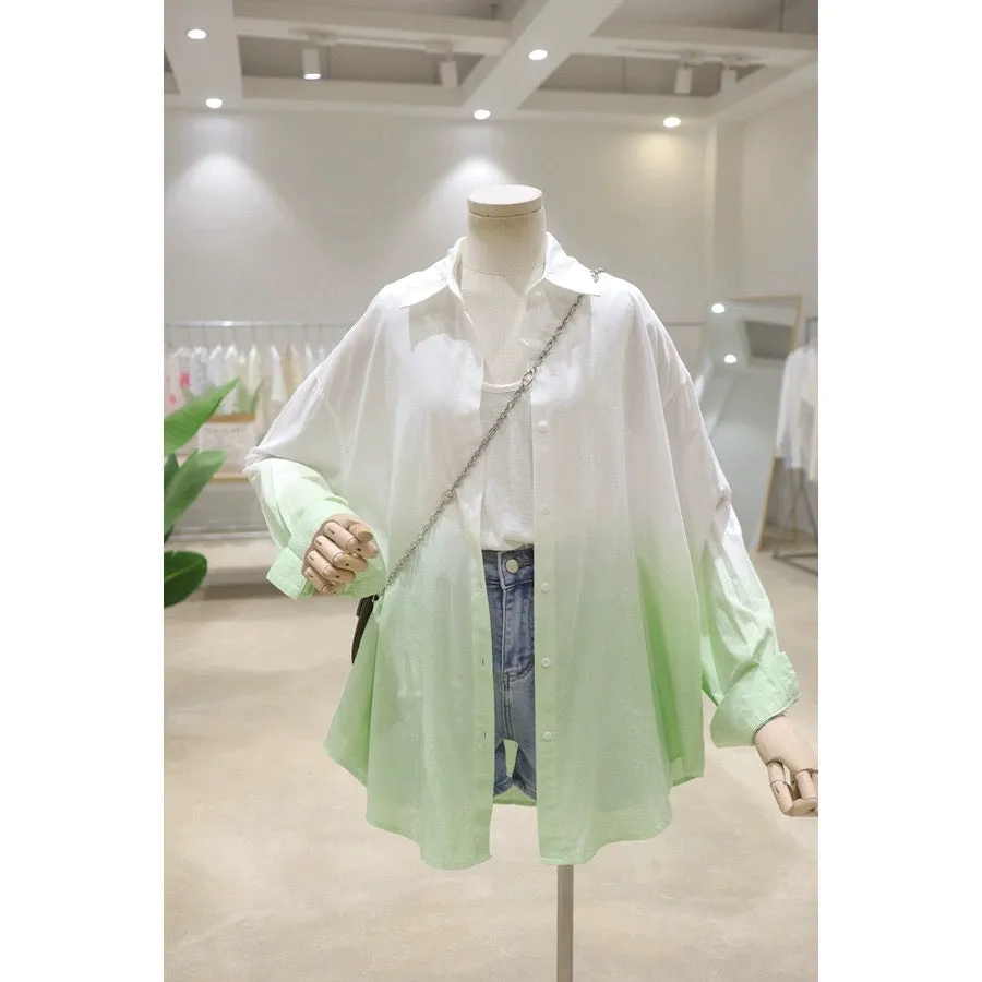 Light and drapey fresh gradient color 2024 summer slightly see-through loose slimming mid-length long-sleeved thin sunscreen shi