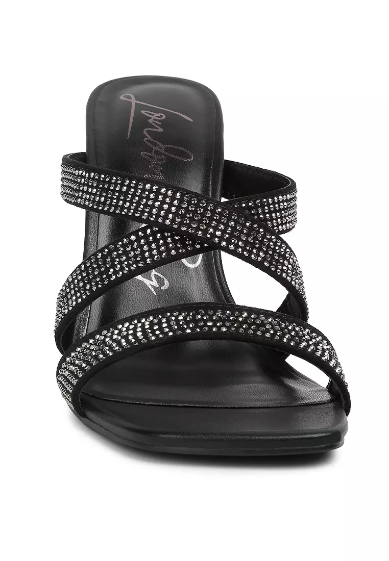 London Rag Black Rhinestone Embellished Straps Sandals