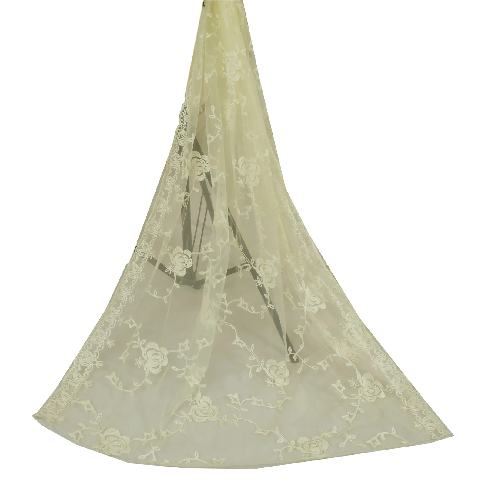 Sanskriti Vintage Cream Long Dupatta Stole Net Mesh Hand Embroidered Wrap Veil