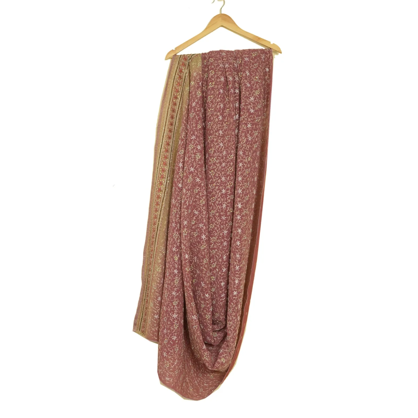 Sanskriti Vintage Dupatta Pink/Cream Long Stole Pure Georgette Silk Hand Beaded