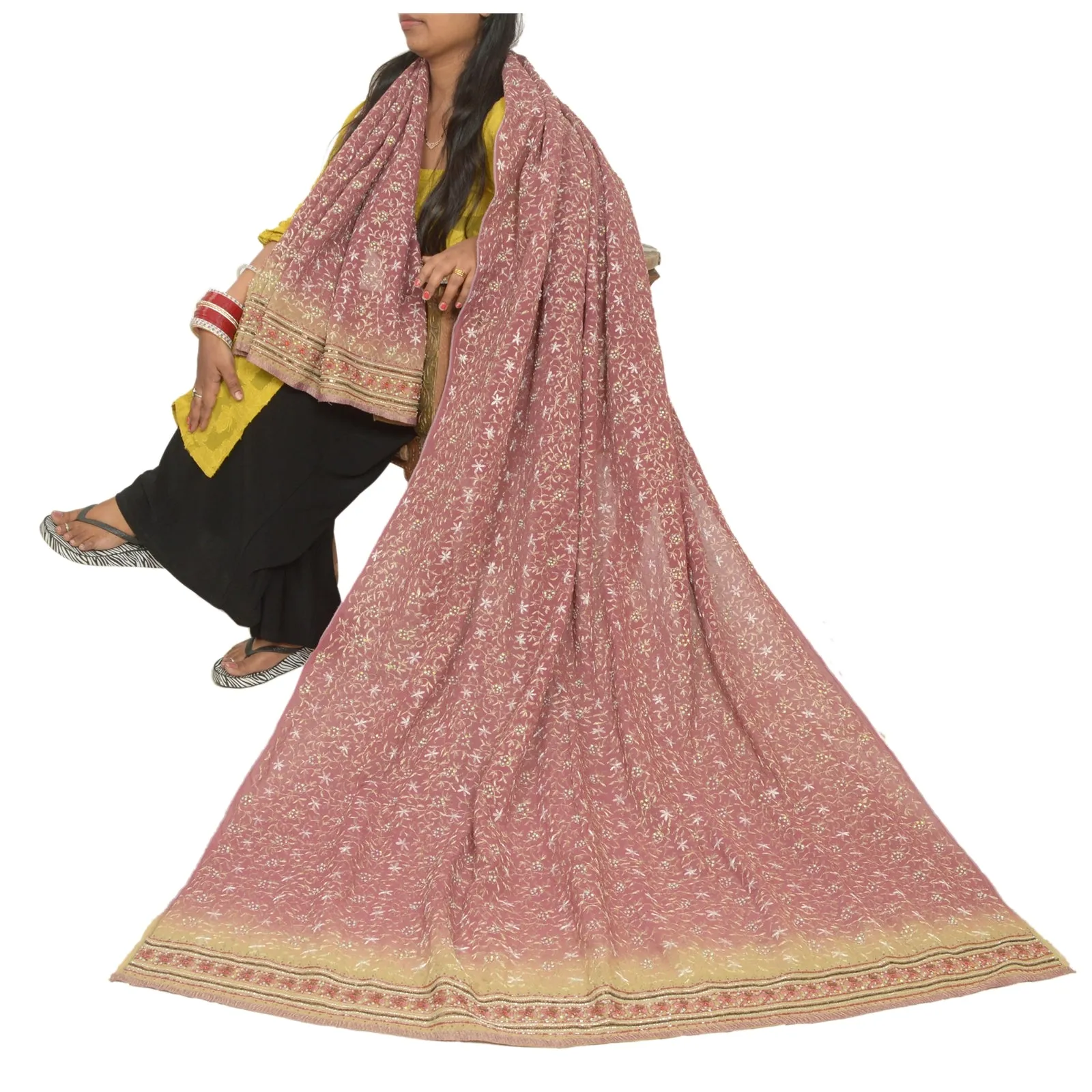 Sanskriti Vintage Dupatta Pink/Cream Long Stole Pure Georgette Silk Hand Beaded