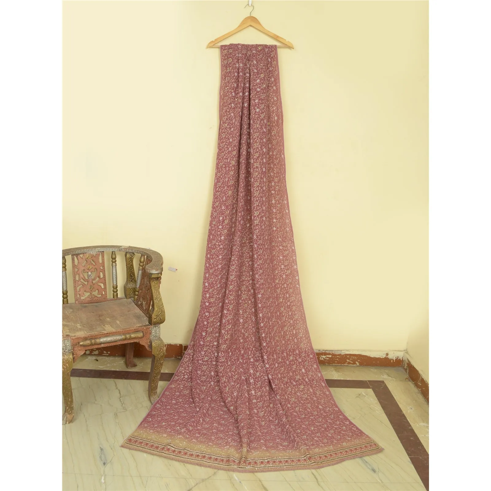 Sanskriti Vintage Dupatta Pink/Cream Long Stole Pure Georgette Silk Hand Beaded