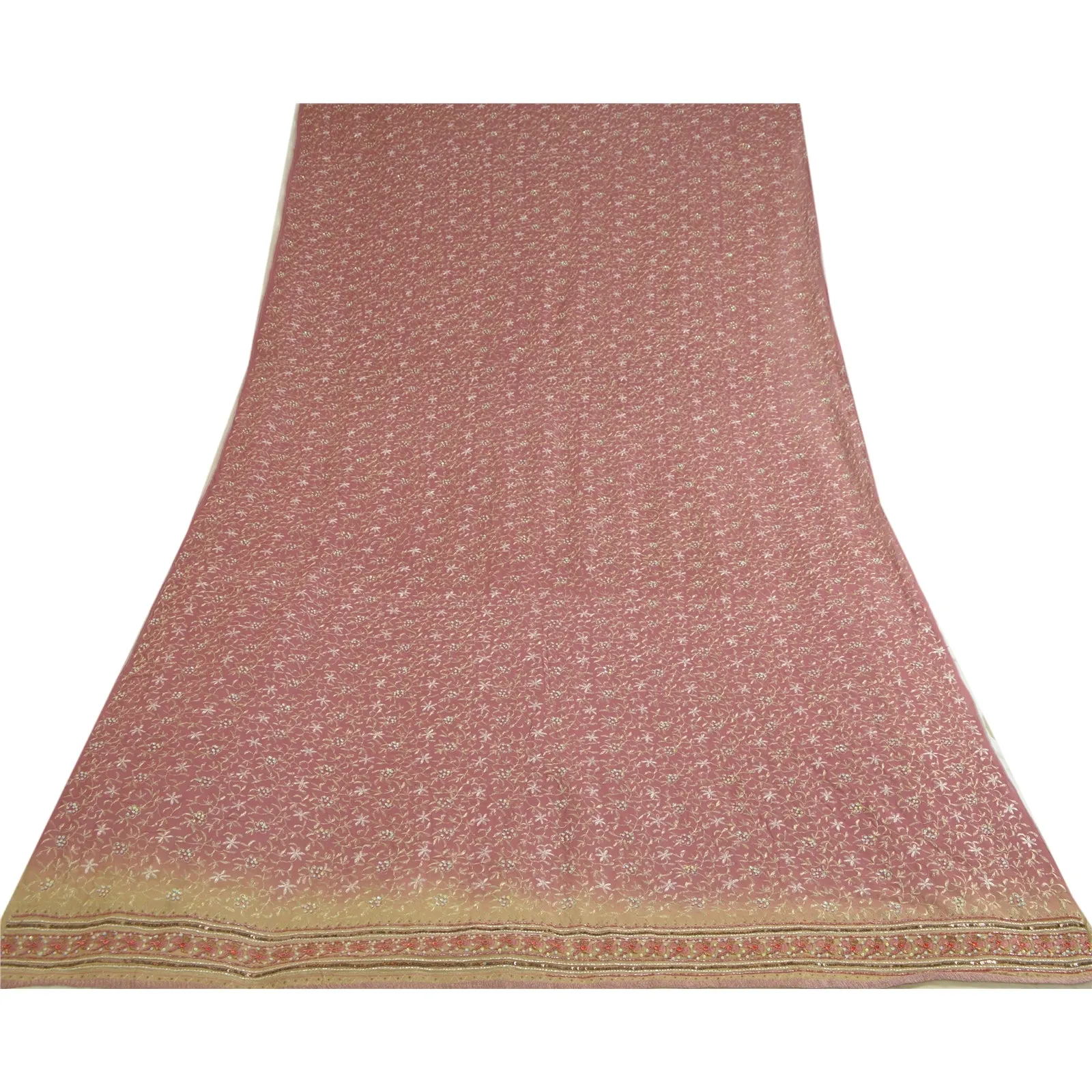 Sanskriti Vintage Dupatta Pink/Cream Long Stole Pure Georgette Silk Hand Beaded