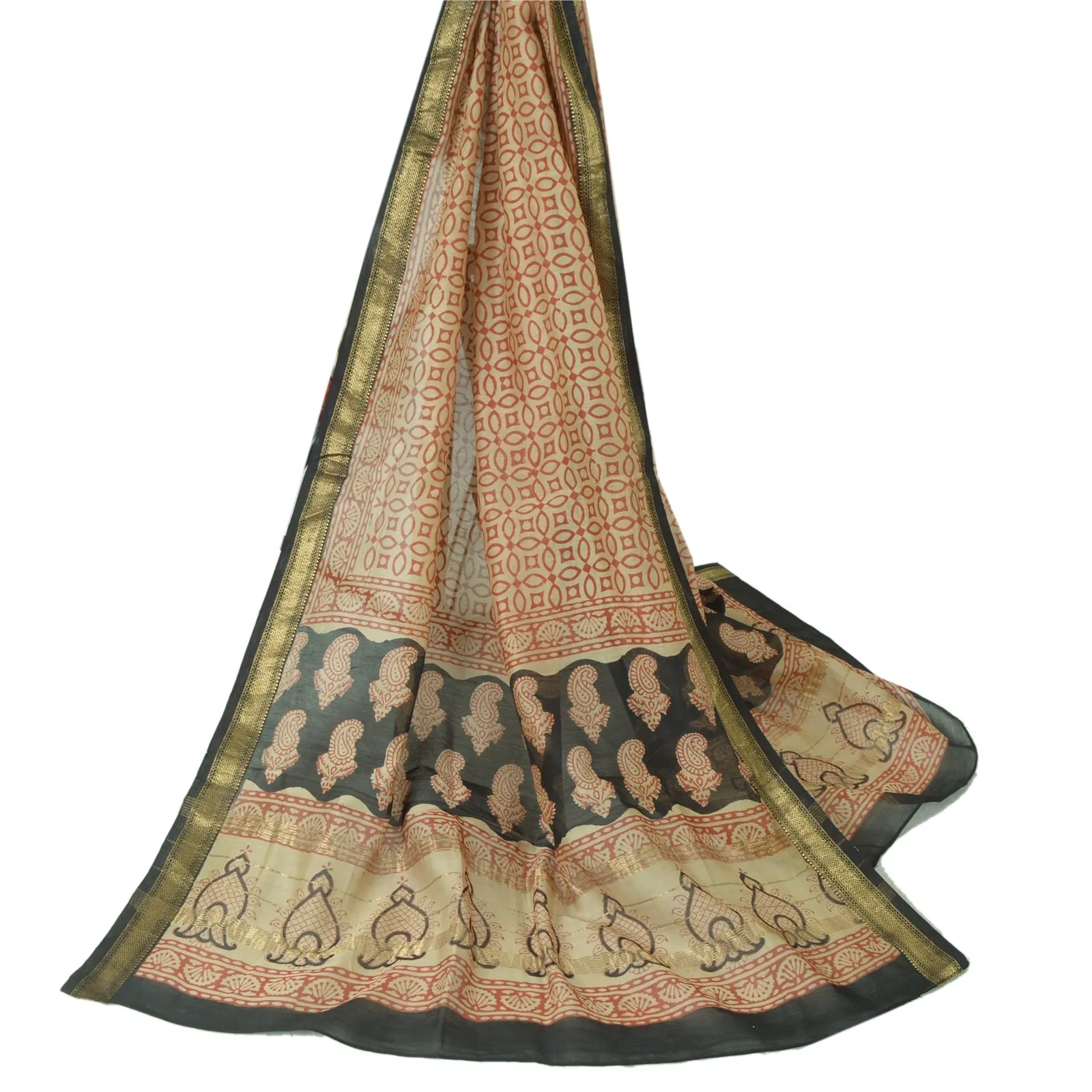 Sanskriti Vintage Long Red/Cream Dupatta Pure Chanderi Cotton Hand Block Printed