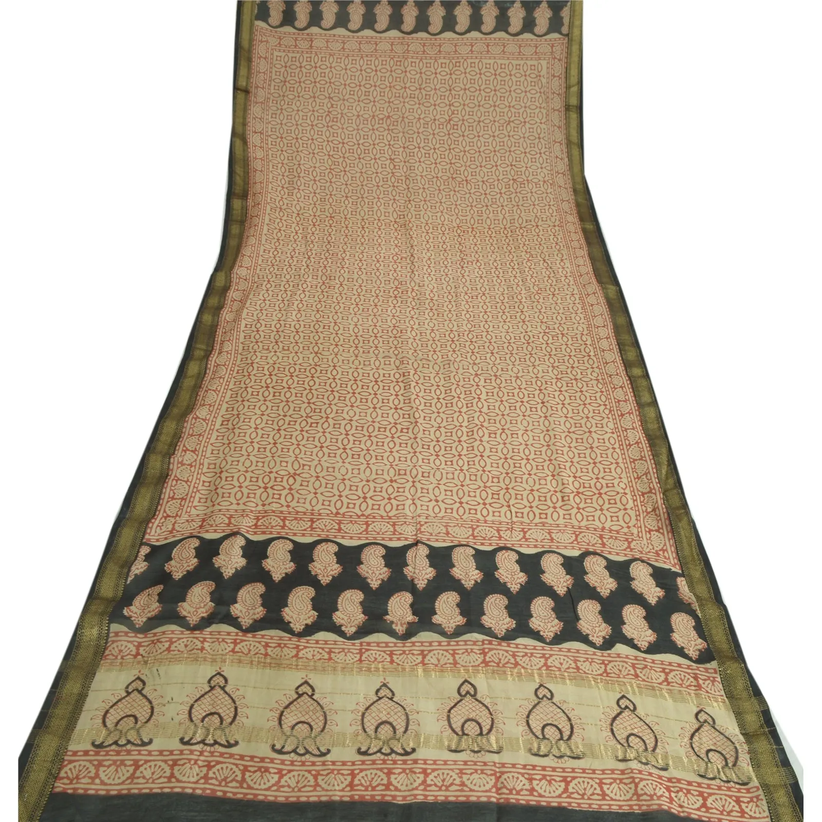 Sanskriti Vintage Long Red/Cream Dupatta Pure Chanderi Cotton Hand Block Printed