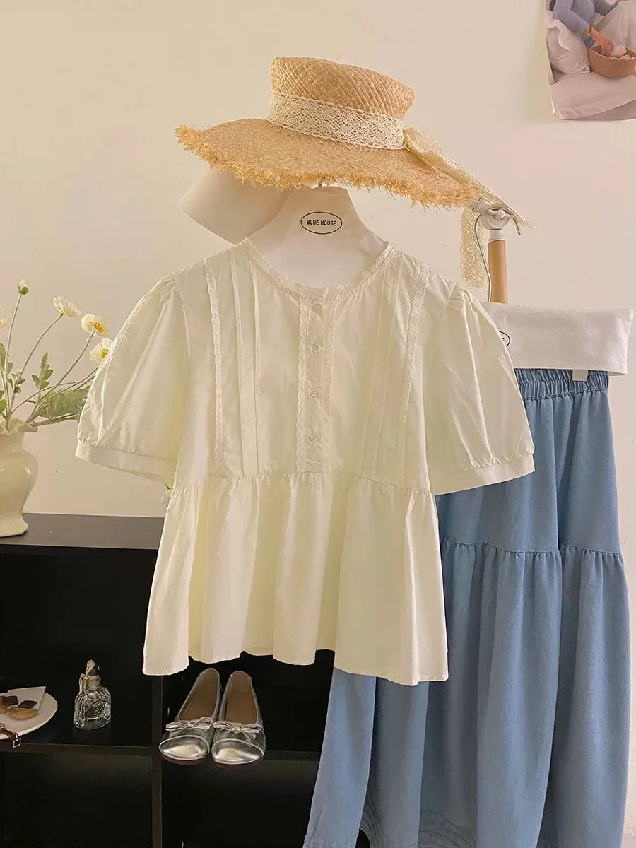 Summer night breeze~Gentle lace puff short-sleeved cream doll shirt for women summer loose sweet slim shirt