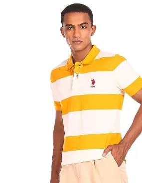 U.S. Polo Assn. Men Off White And Yellow Cotton Striped Polo Shirt