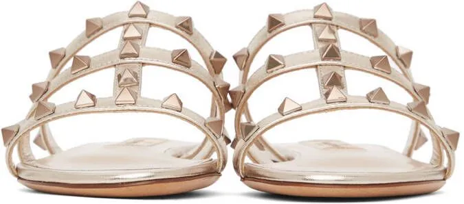 Valentino Garavani Gold Rockstud Cage Flat Slide Sandals