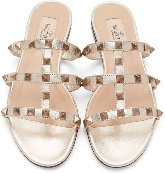 Valentino Garavani Gold Rockstud Cage Flat Slide Sandals